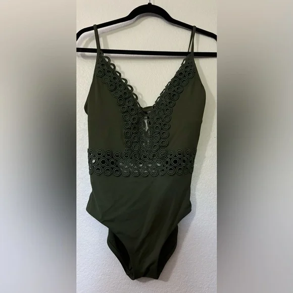 BECCA Siren Olive Green One Piece Swimsuit. Cute Circular Cutouts, Tie Back. - Picture 5 of 16